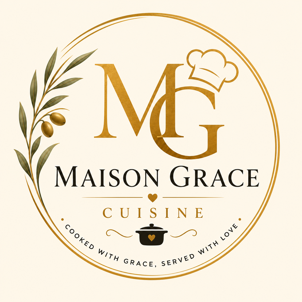 Maison Grace Cuisine gold MG emblem with chef’s hat and olive branch
